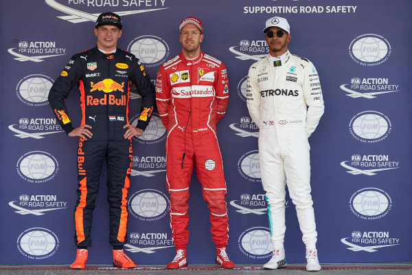 Autodromo Hermanos Rodriguez, Mexico City, Mexico.
Saturday 28 October 2017.
Top three qualifiers Sebastian Vettel, Ferrari, Max Verstappen, Red Bull, and Lewis Hamilton, Mercedes AMG.
World Copyright: Steve Etherington/LAT Images 
ref: Digital Image SNE13746
