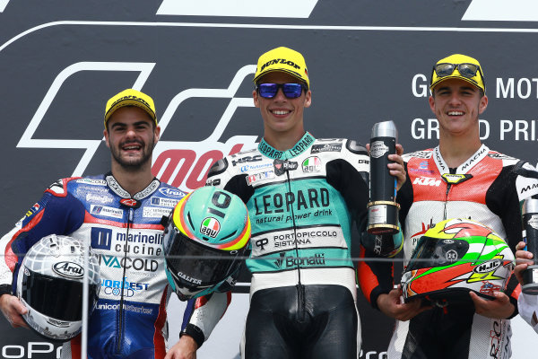 2017 Moto3 Championship - Round 9
Sachsenring, Germany
Sunday 2 July 2017
Podium: race winner Joan Mir, Leopard Racing, second place Romano Fenati, Marinelli Rivacold Snipers, third place Marcos Ramírez, Platinum Bay Real Estate
World Copyright: David Goldman/LAT Images
ref: Digital Image 34018 2017 Moto3 Championship - Round 9
Sachsenring, Germany
Sunday 2 July 2017
Podium: race winner Joan Mir, Leopard Racing, second place Romano Fenati, Marinelli Rivacold Snipers, third place Marcos Ramírez, Platinum Bay Real Estate
World Copyright: David Goldman/LAT Images
ref: Digital Image 34018