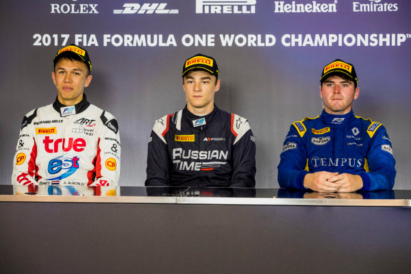 2017 FIA Formula 2 Round 5.
Red Bull Ring, Spielberg, Austria.
Sunday 9 July 2017.
Alexander Albon (THA, ART Grand Prix), Artem Markelov (RUS, RUSSIAN TIME) and Oliver Rowland (GBR, DAMS). 
Photo: Zak Mauger/FIA Formula 2.
ref: Digital Image _54I0455