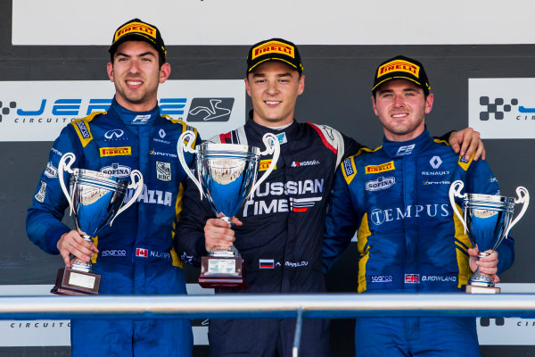 2017 FIA Formula 2 Round 10.
Circuito de Jerez, Jerez, Spain.
Sunday 8 October 2017.
Nicholas Latifi (CAN, DAMS), Artem Markelov (RUS, RUSSIAN TIME), Oliver Rowland (GBR, DAMS). 
Photo: Zak Mauger/FIA Formula 2.
ref: Digital Image _X0W2931