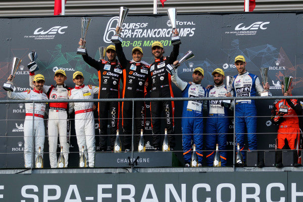 LMP2 Podium (l-r) #38 Jackie Chan DC Racing Oreca 07: Ho-Ping Tung, Gabriel Aubry, Stéphane Richelmi, #26 G-Drive Racing Oreca 07: Roman Rusinov, Jean-Eric Vergne, Andrea Pizzitola, #36 Signatech Alpine Matmut Alpine A470: Nicolas Lapierre, Andre Negrao, Pierre Thiriet