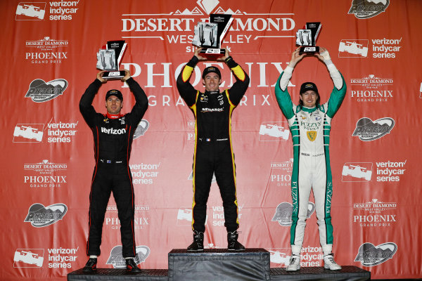 Verizon IndyCar Series
Desert Diamond West Valley Phoenix Grand Prix
Phoenix Raceway, Avondale, AZ USA
Saturday 29 April 2017
Will Power, Team Penske Chevrolet Simon Pagenaud, Team Penske Chevrolet JR Hildebrand, Ed Carpenter Racing Chevrolet podium
World Copyright: Michael L. Levitt
LAT Images