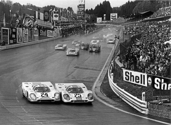 1970 Spa-Francorchamps 1000 kms.
Spa-Francorchamps, Belgium. 17th May 1970. Rd 6.
Jo Siffert / Brian Redman (Porsche 917K), 1st position, side by side with Pedro Rodriguez / Leo Kinnunen (Porsche 917K), retired, at the start of the race, action.
World Copyright: LAT Photographic
Ref: L70 - 450 - 2. 1970 Spa-Francorchamps 1000 kms.
Spa-Francorchamps, Belgium. 17th May 1970. Rd 6.
Jo Siffert / Brian Redman (Porsche 917K), 1st position, side by side with Pedro Rodriguez / Leo Kinnunen (Porsche 917K), retired, at the start of the race, action.
World Copyright: LAT Photographic
Ref: L70 - 450 - 2.