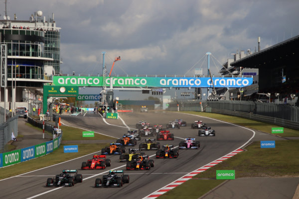 The start pf the race. Lewis Hamilton, Mercedes F1 W11 EQ Performance, noses ahead of team-mate Valtteri Bottas, Mercedes F1 W11 EQ Performance. Charles Leclerc, Ferrari SF1000, follows in third, ahead of Max Verstappen, Red Bull Racing RB16, Daniel Ricciardo, Renault R.S.20, Lando Norris, McLaren MCL35, Alexander Albon, Red Bull Racing RB16, Sergio Perez, Racing Point RP20, Carlos Sainz, McLaren MCL35 and the rest of the pack The start pf the race. Lewis Hamilton, Mercedes F1 W11 EQ Performance, noses ahead of team-mate Valtteri Bottas, Mercedes F1 W11 EQ Performance. Charles Leclerc, Ferrari SF1000, follows in third, ahead of Max Verstappen, Red Bull Racing RB16, Daniel Ricciardo, Renault R.S.20, Lando Norris, McLaren MCL35, Alexander Albon, Red Bull Racing RB16, Sergio Perez, Racing Point RP20, Carlos Sainz, McLaren MCL35 and the rest of the pack