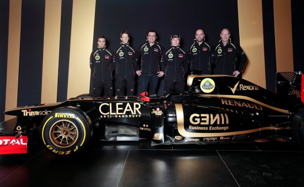 Enstone, Oxfordshire, UK.
5th February 2012
(l-r) Test and Reserve Driver Jerome D' Ambrosio, Race Driver Romain Grosjean, Team Principal Eric Boullier, Race Driver Kimi Raikkonen, Gerard Lopez of Genii Capital and Bernard Rey of Renault F1 pose with the new Lotus Renault E20.
Photo: Lotus F1 Team (Copyright Free FOR EDITORIAL USE ONLY)
ref: Digital Image AF5D9128