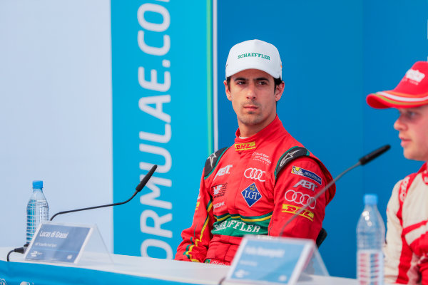 2016/2017 FIA Formula E Championship.
Round 7 - Berlin ePrix, Tempelhof Airport, Berlin, Germany.
Saturday 10 June 2017.
Lucas Di Grassi (BRA), ABT Schaeffler Audi Sport, Spark-Abt Sportsline, ABT Schaeffler FE02, in the press conference.
Photo: Zak Mauger/LAT/Formula E
ref: Digital Image _56I4360