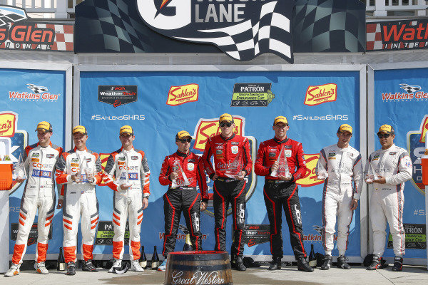 #54 CORE autosport ORECA LMP2, P: Jon Bennett, Colin Braun, Romain Dumas, #99 JDC/Miller Motorsports ORECA 07, P: Stephen Simpson, Mikhail Goikhberg, Chris Miller, #6 Acura Team Penske Acura DPi, P: Dane Cameron, Juan Pablo Montoya, podium