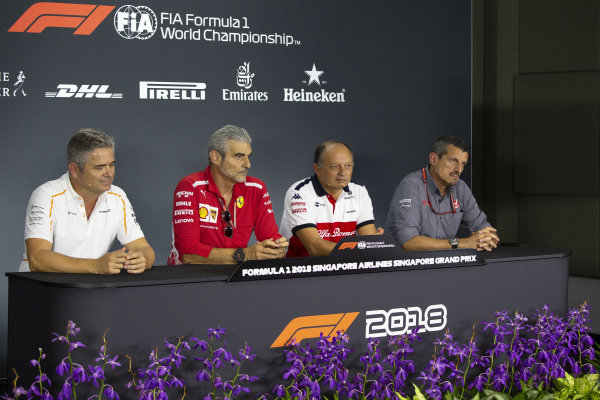 (L to R): Gil de Ferrarn, Sporting Director, McLaren, Maurizio Arrivabene, Team Principal, Ferrari, Frederic Vasseur, Alfa Romeo Sauber F1 Team, Team Principal, and Guenther Steiner, Team Principal, Haas F1 in the Press Conference