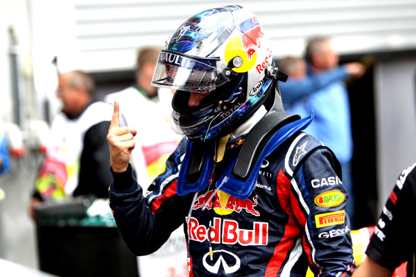 Spa-Francorchamps, Spa, Belgium
27th August 2011.
Pole sitter Sebastian Vettel, Red Bull Racing RB7 Renault, arrives in Parc Ferme. Portrait. Helmets. 
World Copyright: Andy Hone/LAT Photographic
ref: Digital Image CI0C1519