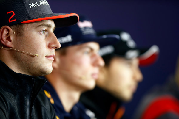 Hungaroring, Budapest, Hungary. 
Thursday 27 July 2017.
Stoffel Vandoorne, McLaren, Max Verstappen, Red Bull Racing, and Sergio Perez, Force India, in the Thursday press conference.
World Copyright: Andy Hone/LAT Images 
ref: Digital Image _ONY8740